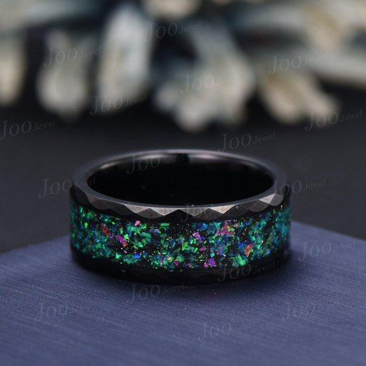 8mm Mens Black Tungsten No-Fading Promise Ring Hammered Design Black Wedding Band Black Opal Inlay Engagement Ring Comfort-Fit Band for Men