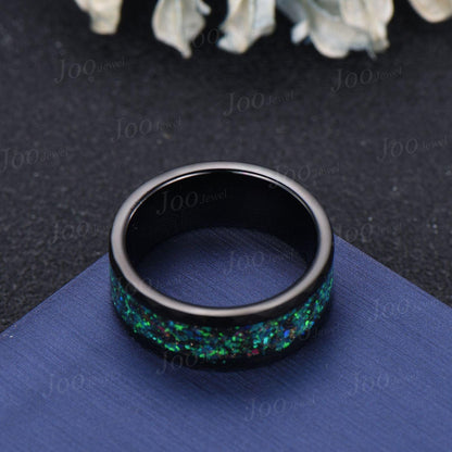 8mm Mens Black Tungsten No-Fading Promise Ring Hammered Design Black Wedding Band Black Opal Inlay Engagement Ring Comfort-Fit Band for Men