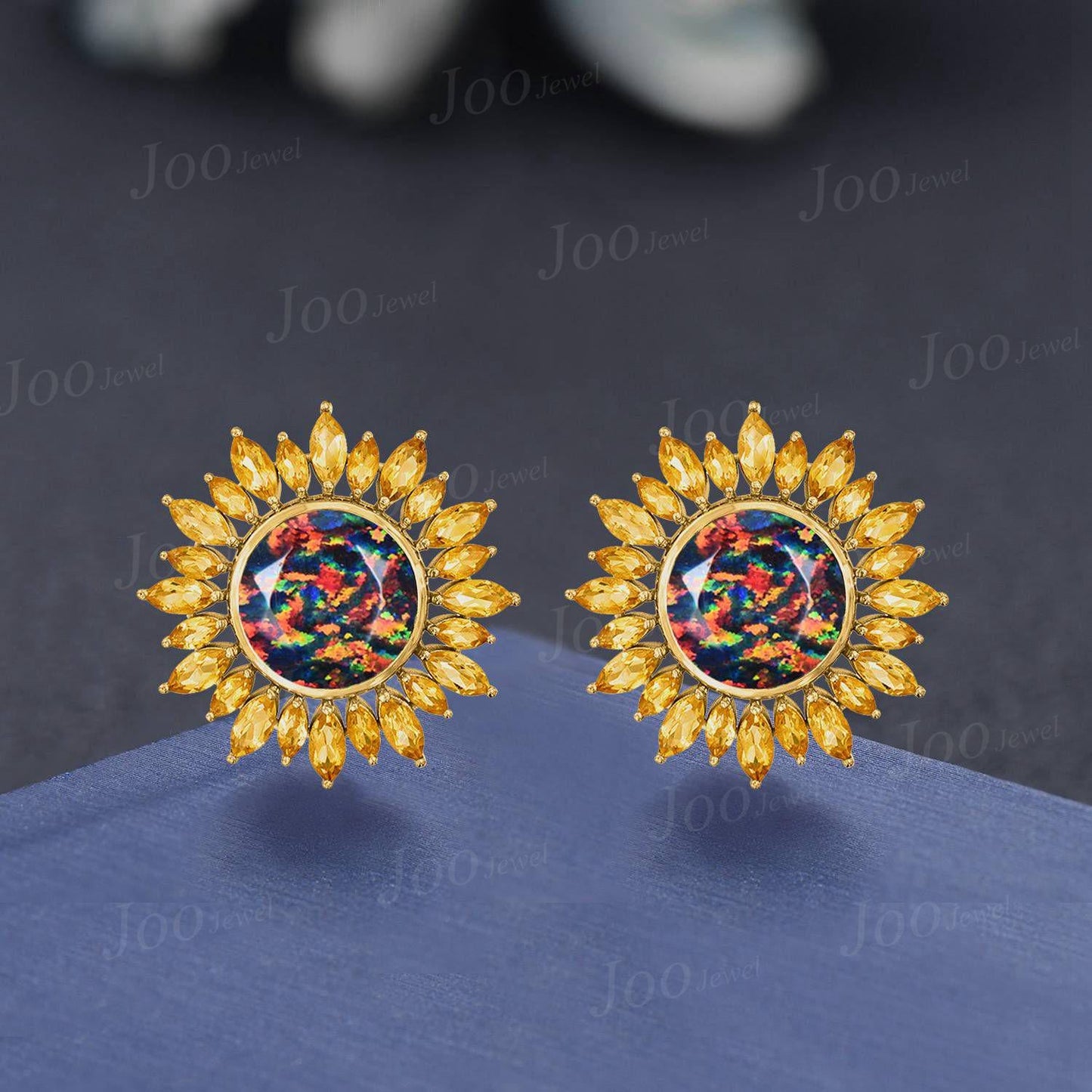 Round Cut Black Fire Opal Sunflower Stud Earrings| Natural Yellow Citrine Earrings in 9K Gold | Dainty Birthday/Graduation Gift for Daughter