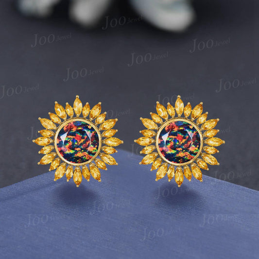 Round Cut Black Fire Opal Sunflower Stud Earrings| Natural Yellow Citrine Earrings in 9K Gold | Dainty Birthday/Graduation Gift for Daughter