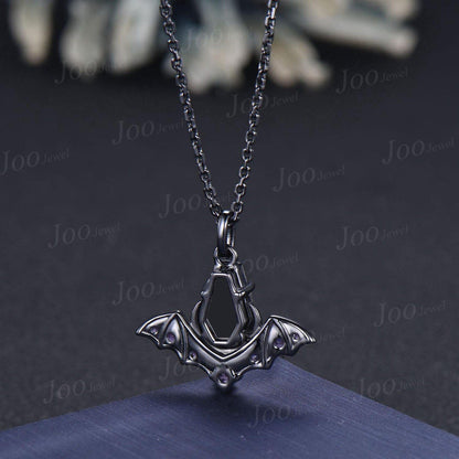 Natural Black Onyx Moon Bat Pendant Necklace Coffin Cut Natural Black Onyx Bat Wing Gothic Necklace Retro 18K Black Gold Chain for Women