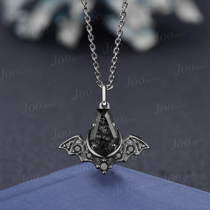 Coffin Cut Natural Black Rutilated Quartz Crescent Moon Bat Pendant Necklace Natural Black Rutilated Quartz Bat Wing Gothic Retro Necklaces