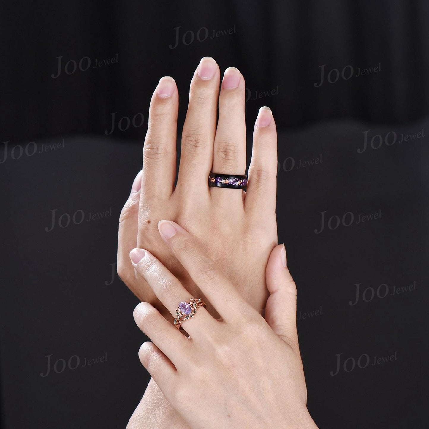 2PCS Natural Oval Lavender Amethyst Leaf Ring Set |No-Fade Black Tungsten Meteorite Wedding Band for Men | Matching Promise Rings Couple Set