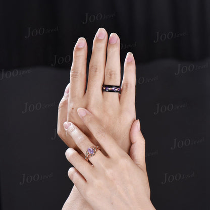 2PCS Natural Oval Lavender Amethyst Leaf Ring Set |No-Fade Black Tungsten Meteorite Wedding Band for Men | Matching Promise Rings Couple Set