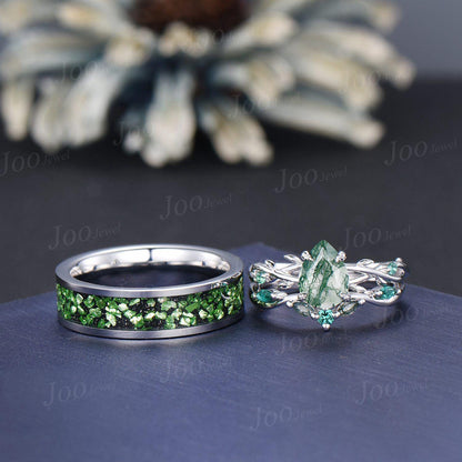 Sterling Silver Natural Pear Cut Moss Agate Twig Vine Couple Ring Set Nature Inspired Wedding Ring Men Tungsten Ring Unique Matching Ring