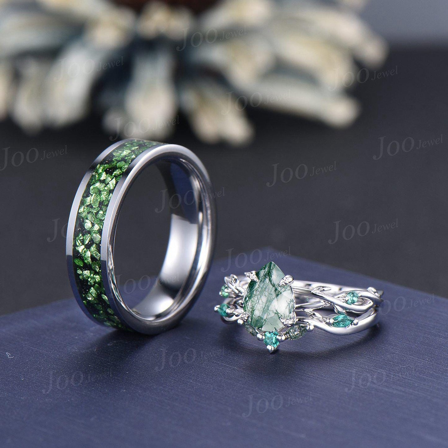 Sterling Silver Natural Pear Cut Moss Agate Twig Vine Couple Ring Set Nature Inspired Wedding Ring Men Tungsten Ring Unique Matching Ring