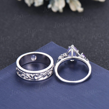 2PCS Natural Lavender Amethyst Leaf Vine Couple Ring Set | Sterling Silver Nature Inspired Matching Promise Ring Set| Romantic Proposal Ring