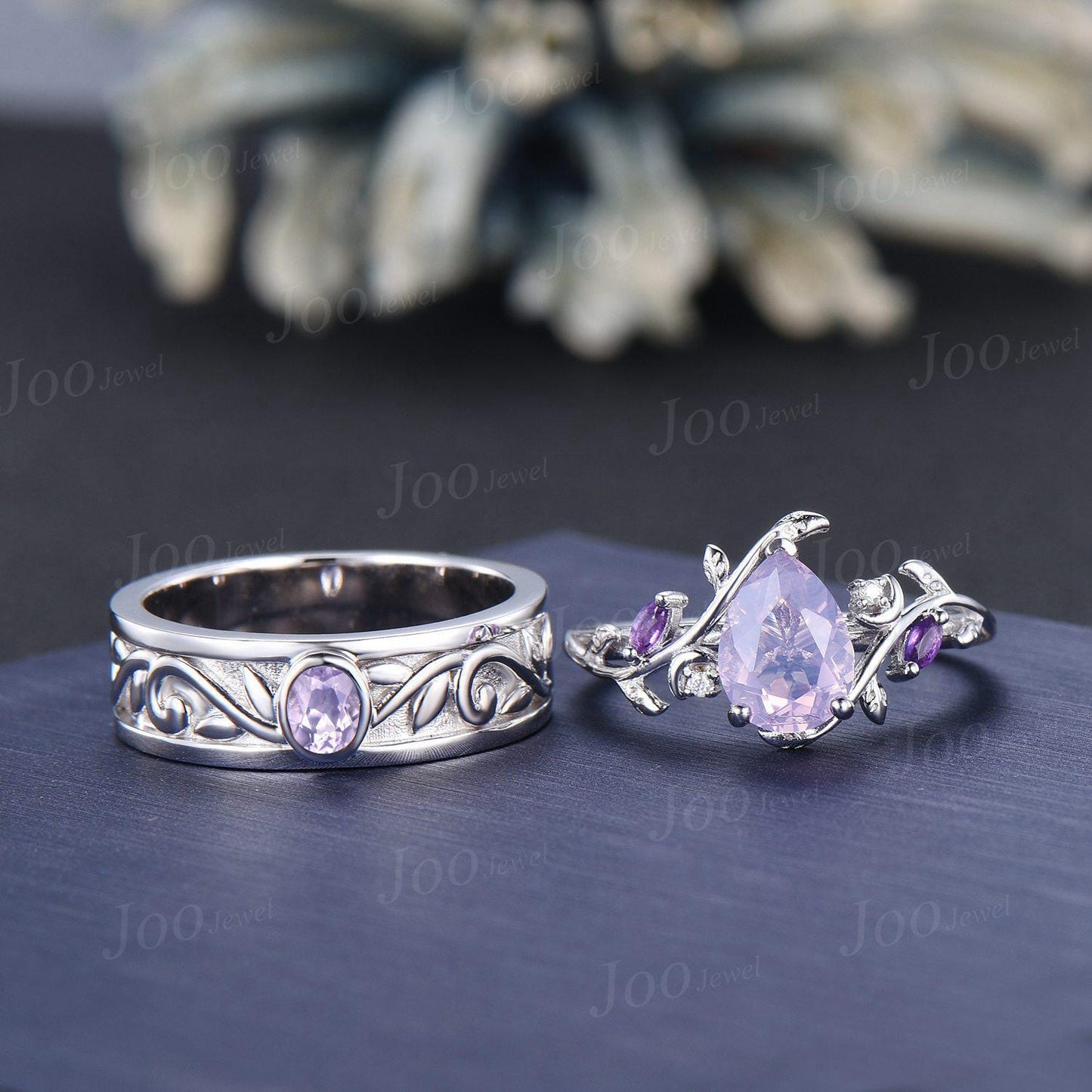 2PCS Natural Lavender Amethyst Leaf Vine Couple Ring Set | Sterling Silver Nature Inspired Matching Promise Ring Set| Romantic Proposal Ring