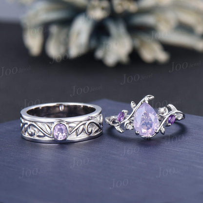2PCS Natural Lavender Amethyst Leaf Vine Couple Ring Set | Sterling Silver Nature Inspired Matching Promise Ring Set| Romantic Proposal Ring