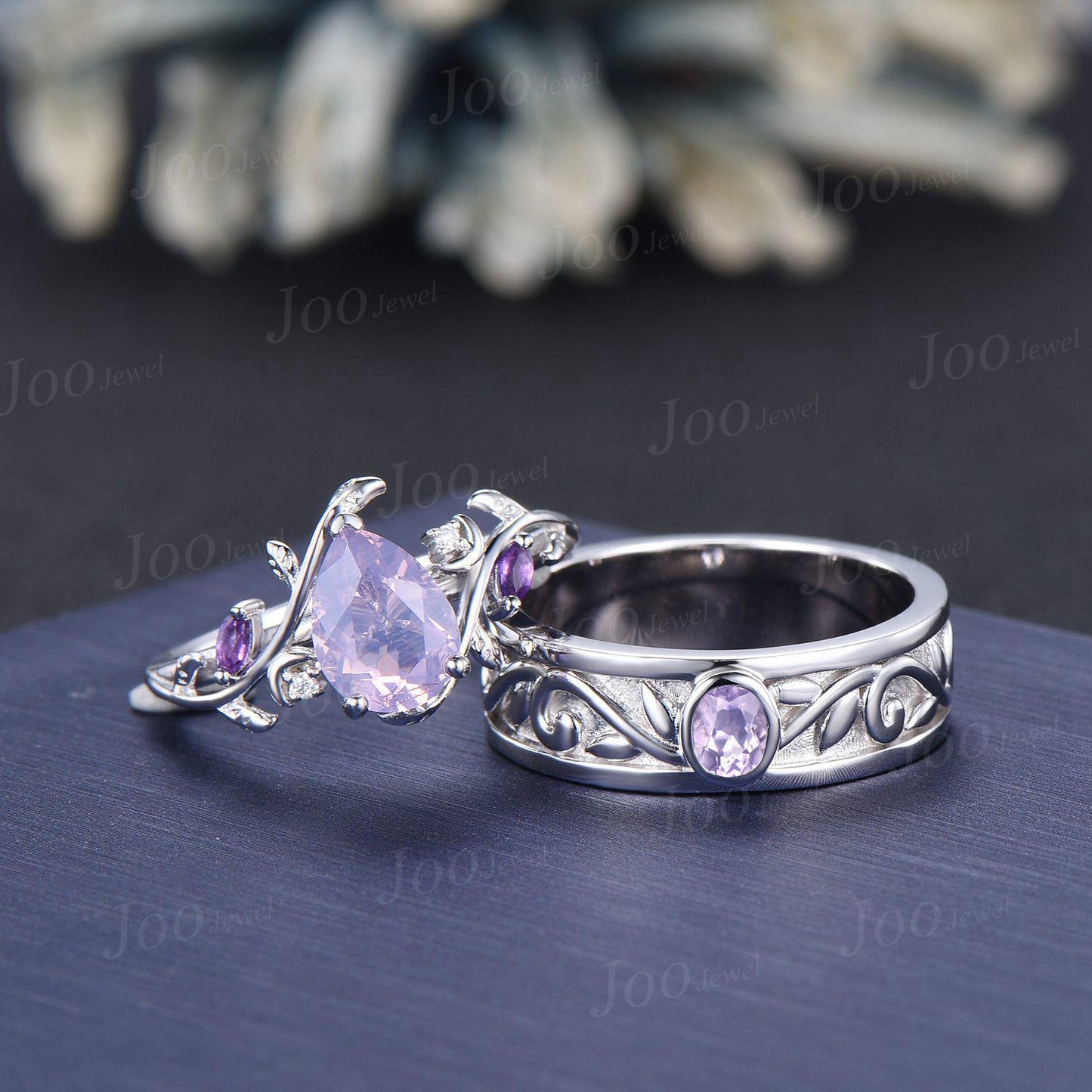 2PCS Natural Lavender Amethyst Leaf Vine Couple Ring Set | Sterling Silver Nature Inspired Matching Promise Ring Set| Romantic Proposal Ring