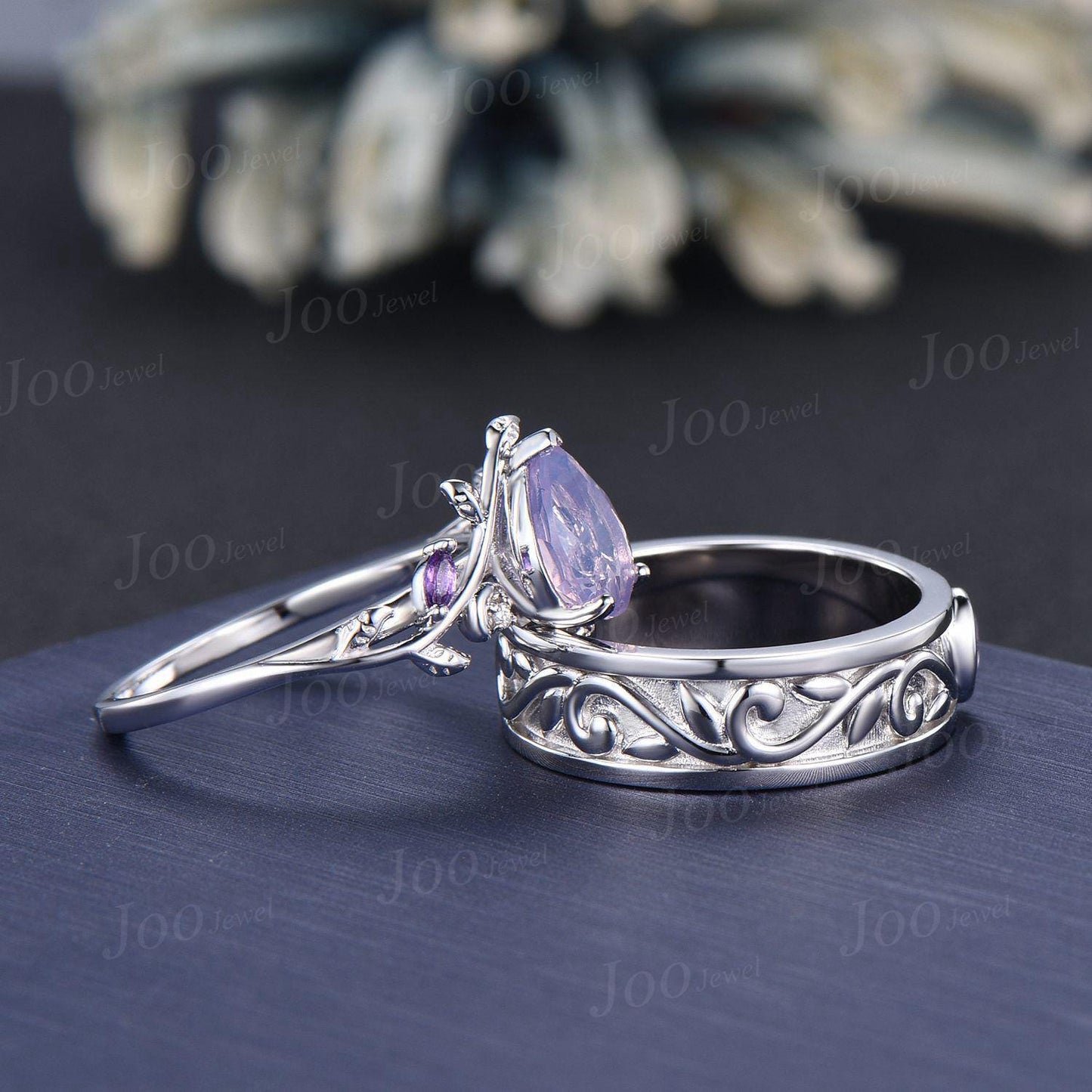 2PCS Natural Lavender Amethyst Leaf Vine Couple Ring Set | Sterling Silver Nature Inspired Matching Promise Ring Set| Romantic Proposal Ring