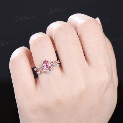 1.25ct Pear Cut Padparadscha Pink Sapphire Branch Wedding Ring Set- Pink Tourmaline Moonstone Accent- Nature Inspired Pink Engagement Ring