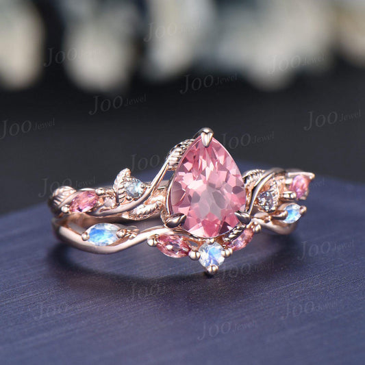 1.25ct Pear Cut Padparadscha Pink Sapphire Branch Wedding Ring Set- Pink Tourmaline Moonstone Accent- Nature Inspired Pink Engagement Ring