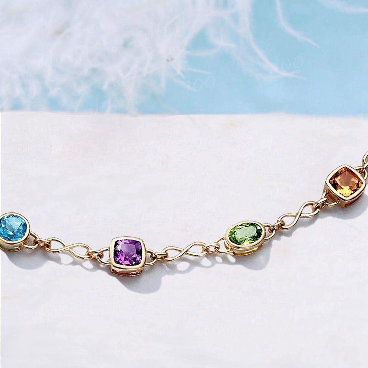 Sterling Silver Multi Gemstone Bracelet Unique Peridot Topaz Citrine Candy Adjustable Bracelet Mixed Birthstone Solid Gold Station Bracelet