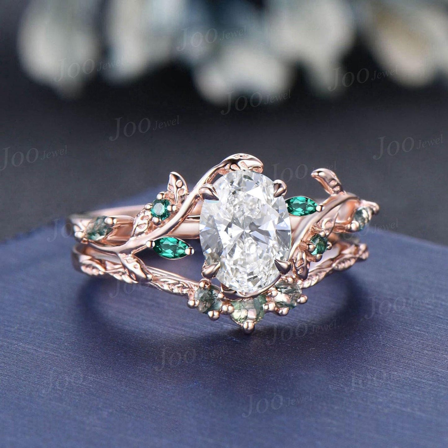 14K Rose Gold Oval Lab Grown Diamond with IGI Certified VVS D Leaf Vine Wedding Ring Set|Emerald & Moss Agate Accent|Nature Inspired Bridal Rings