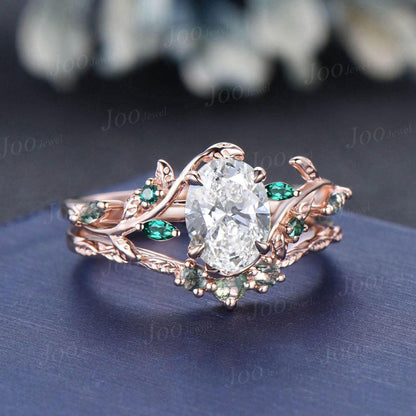 14K Rose Gold Oval Lab Grown Diamond with IGI Certified VVS D Leaf Vine Wedding Ring Set|Emerald & Moss Agate Accent|Nature Inspired Bridal Rings