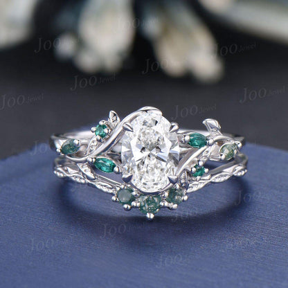 14K Rose Gold Oval Lab Grown Diamond with IGI Certified VVS D Leaf Vine Wedding Ring Set|Emerald & Moss Agate Accent|Nature Inspired Bridal Rings