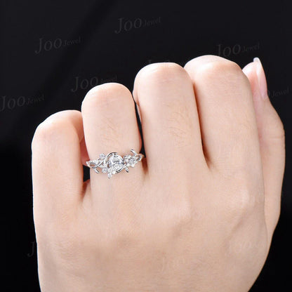 Nature Inspired Round Cut 5mm Lab Grown Diamond Ring Crescent Moon VVS D Diamond Wedding Ring Dainty Art Deco Diamond Promise Ring for Women