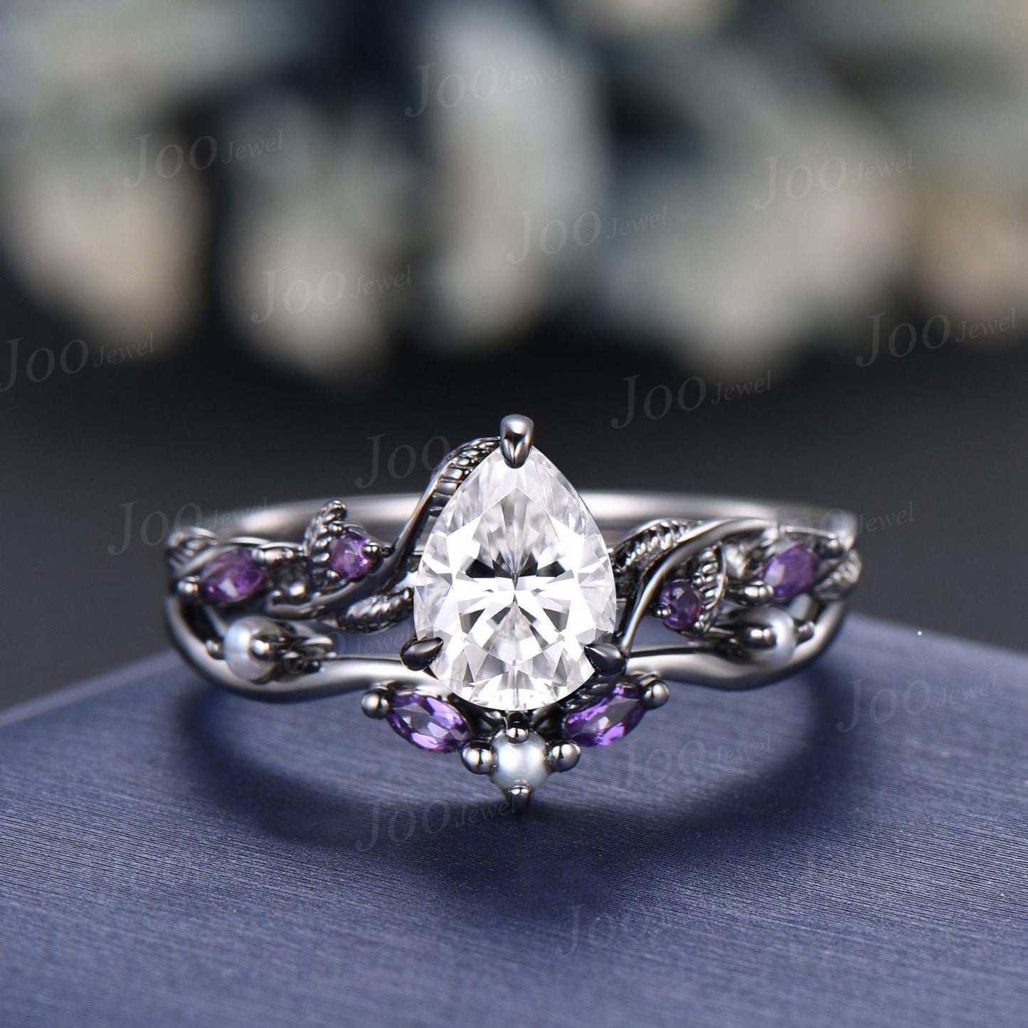 1.25ct Nature Inspired Pear Moissanite Pearl Engagement Ring Set 14K Black Gold Moissanite Diamond Leaf Vine Branch Amethyst Wedding Ring