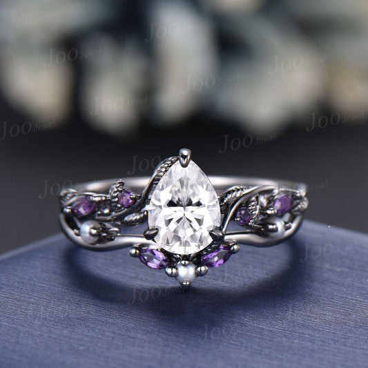 1.25ct Nature Inspired Pear Moissanite Pearl Engagement Ring Set 14K Black Gold Moissanite Diamond Leaf Vine Branch Amethyst Wedding Ring