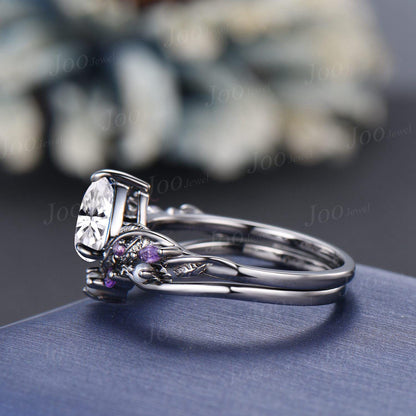 1.25ct Nature Inspired Pear Moissanite Pearl Engagement Ring Set 14K Black Gold Moissanite Diamond Leaf Vine Branch Amethyst Wedding Ring