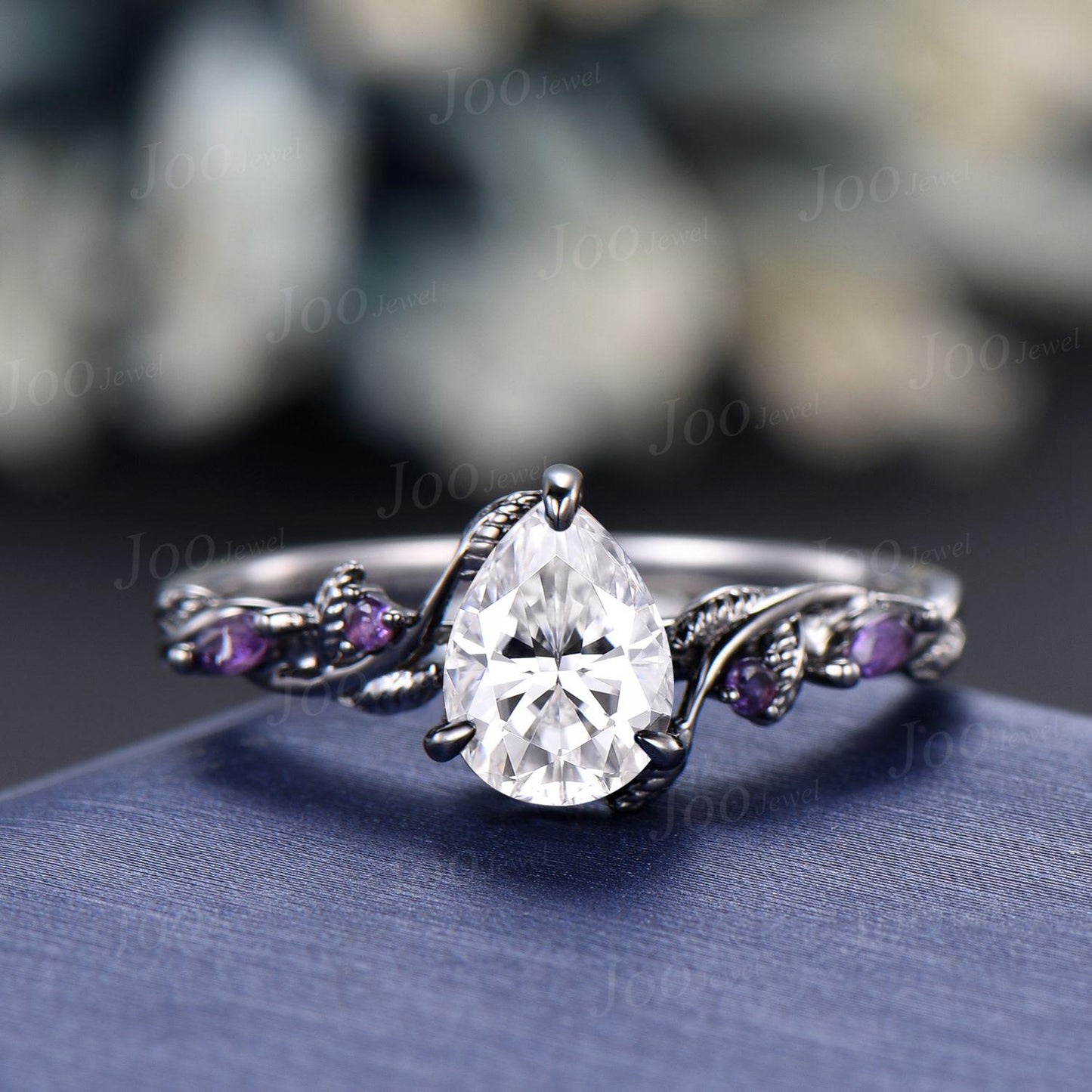 1.25ct Nature Inspired Pear Moissanite Pearl Engagement Ring Set 14K Black Gold Moissanite Diamond Leaf Vine Branch Amethyst Wedding Ring