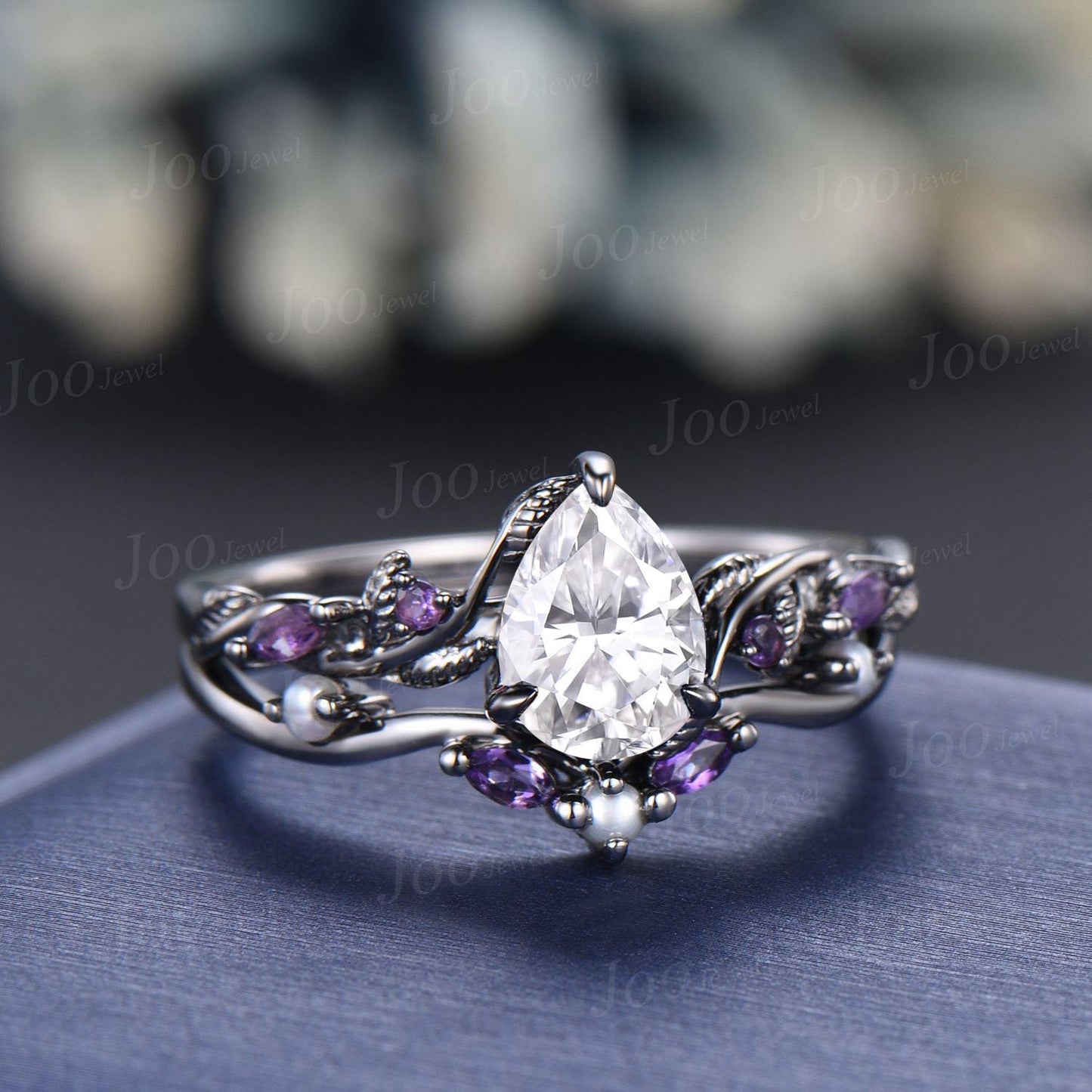 1.25ct Nature Inspired Pear Moissanite Pearl Engagement Ring Set 14K Black Gold Moissanite Diamond Leaf Vine Branch Amethyst Wedding Ring