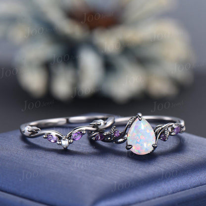 1.25CT Pear Cut White Opal Engagement Ring Set with Amethyst Pearl Branch Leaf Vine Opal Wedding Ring Set Black Gold Promise Ring Set Women
