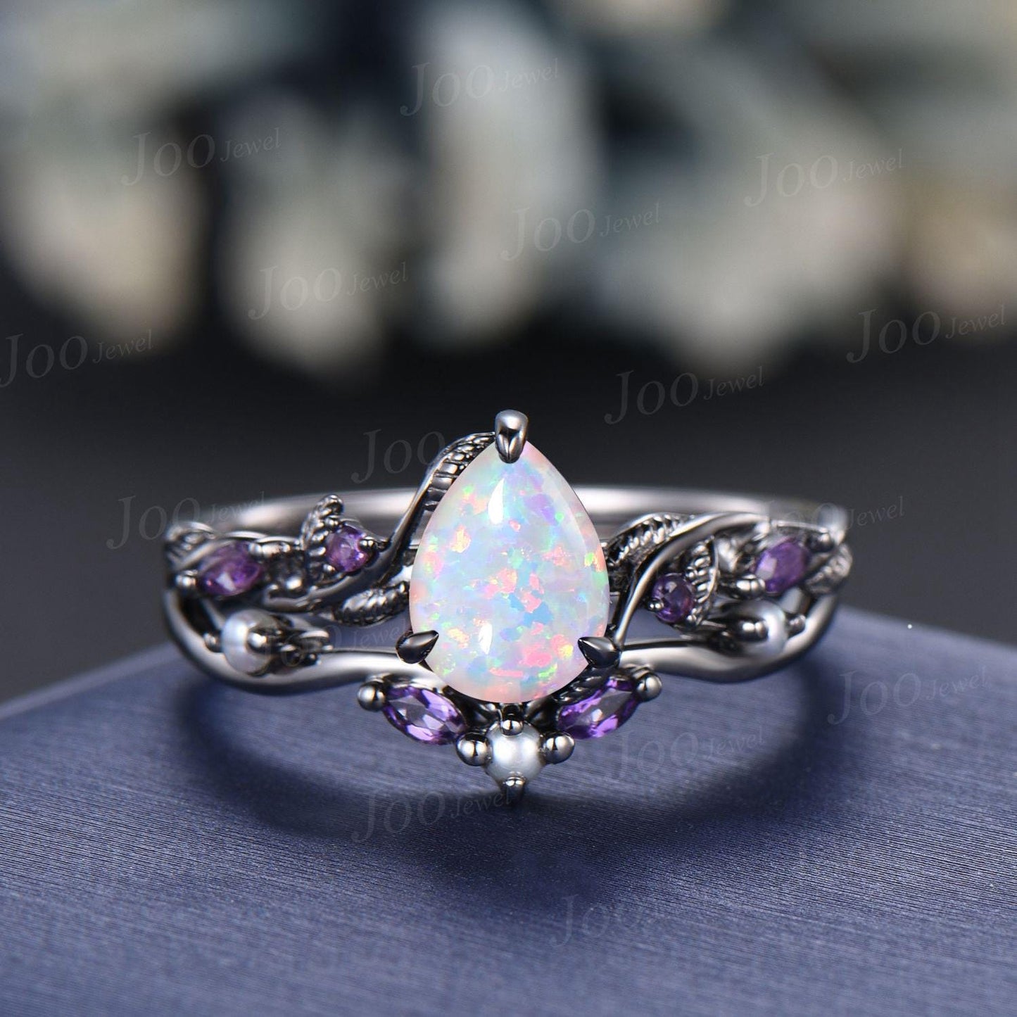 1.25CT Pear Cut White Opal Engagement Ring Set with Amethyst Pearl Branch Leaf Vine Opal Wedding Ring Set Black Gold Promise Ring Set Women