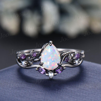 1.25CT Pear Cut White Opal Engagement Ring Set with Amethyst Pearl Branch Leaf Vine Opal Wedding Ring Set Black Gold Promise Ring Set Women