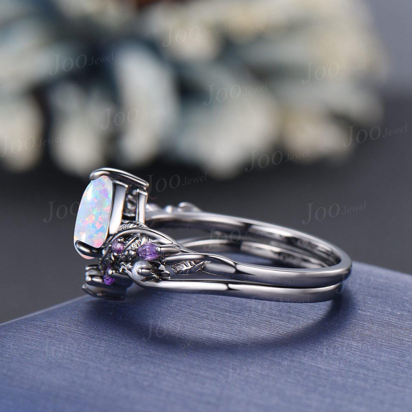 1.25CT Pear Cut White Opal Engagement Ring Set with Amethyst Pearl Branch Leaf Vine Opal Wedding Ring Set Black Gold Promise Ring Set Women