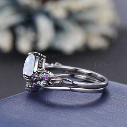 1.25CT Pear Cut White Opal Engagement Ring Set with Amethyst Pearl Branch Leaf Vine Opal Wedding Ring Set Black Gold Promise Ring Set Women