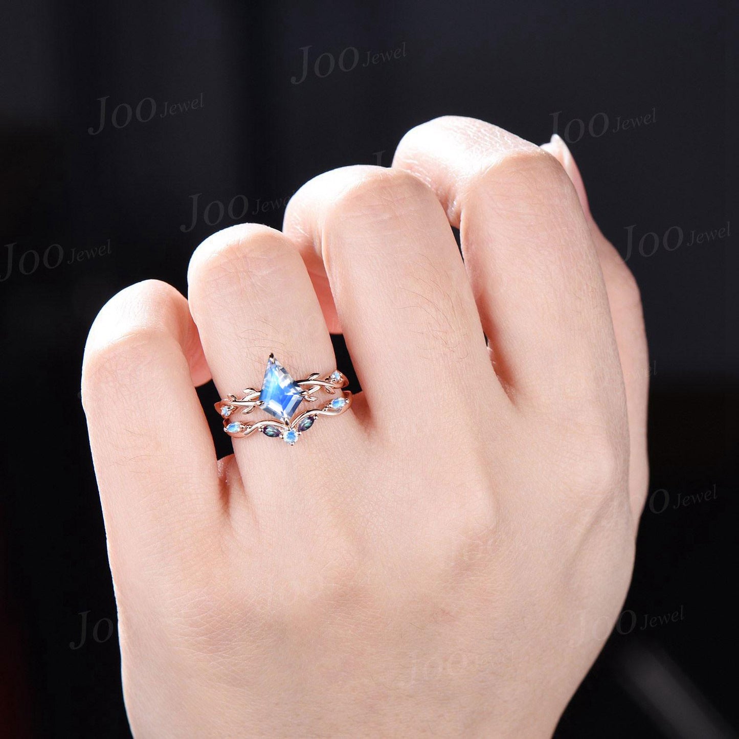 Kite Cut Natural Moonstone Twig Vine Engagement Ring Branch Leaf Alexandrite Moonstone 14k Solid Rose Gold Moonstone Bridal Set for Women