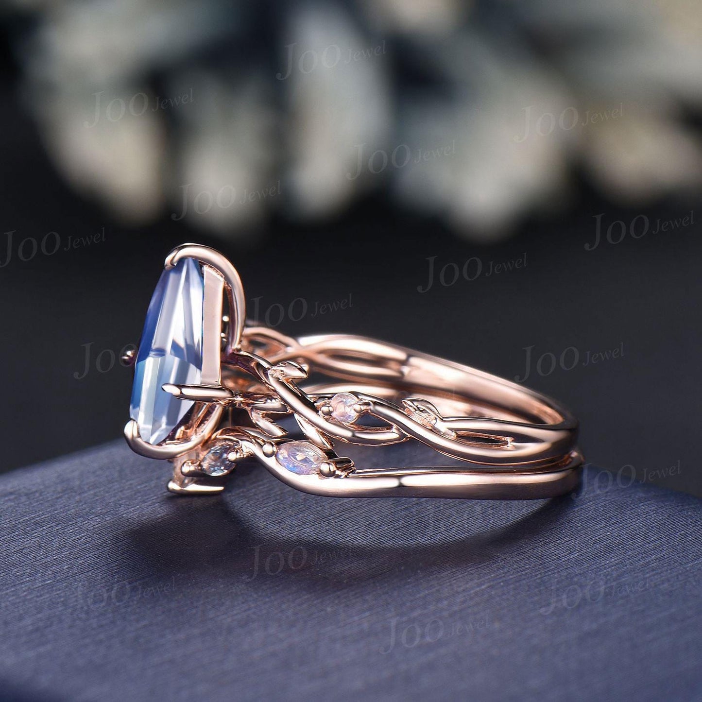 Kite Cut Natural Moonstone Twig Vine Engagement Ring Branch Leaf Alexandrite Moonstone 14k Solid Rose Gold Moonstone Bridal Set for Women