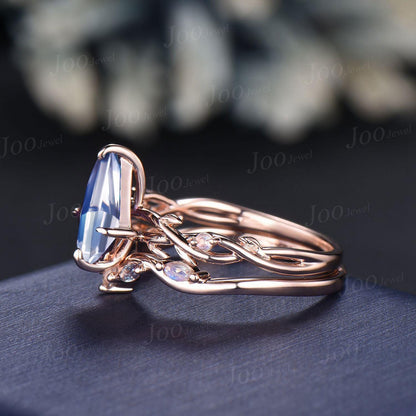 Kite Cut Natural Moonstone Twig Vine Engagement Ring Branch Leaf Alexandrite Moonstone 14k Solid Rose Gold Moonstone Bridal Set for Women