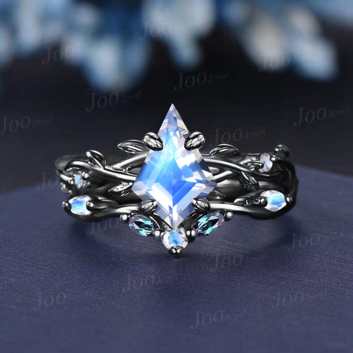 Kite Cut Natural Moonstone Twig Vine Engagement Ring Branch Leaf Alexandrite Moonstone 14k Solid Rose Gold Moonstone Bridal Set for Women