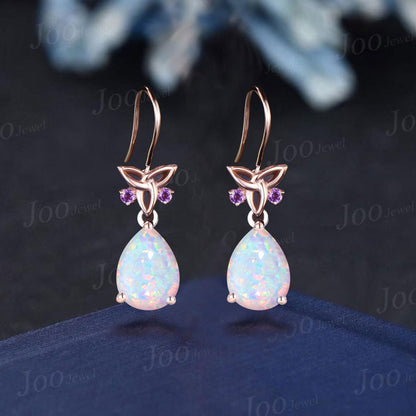 Teardrop Cut White Opal Hook Earrings Necklace Set Sterling Silver Opal Amethyst Celtic Trinity Knot Earrings Drop Pendant for Women