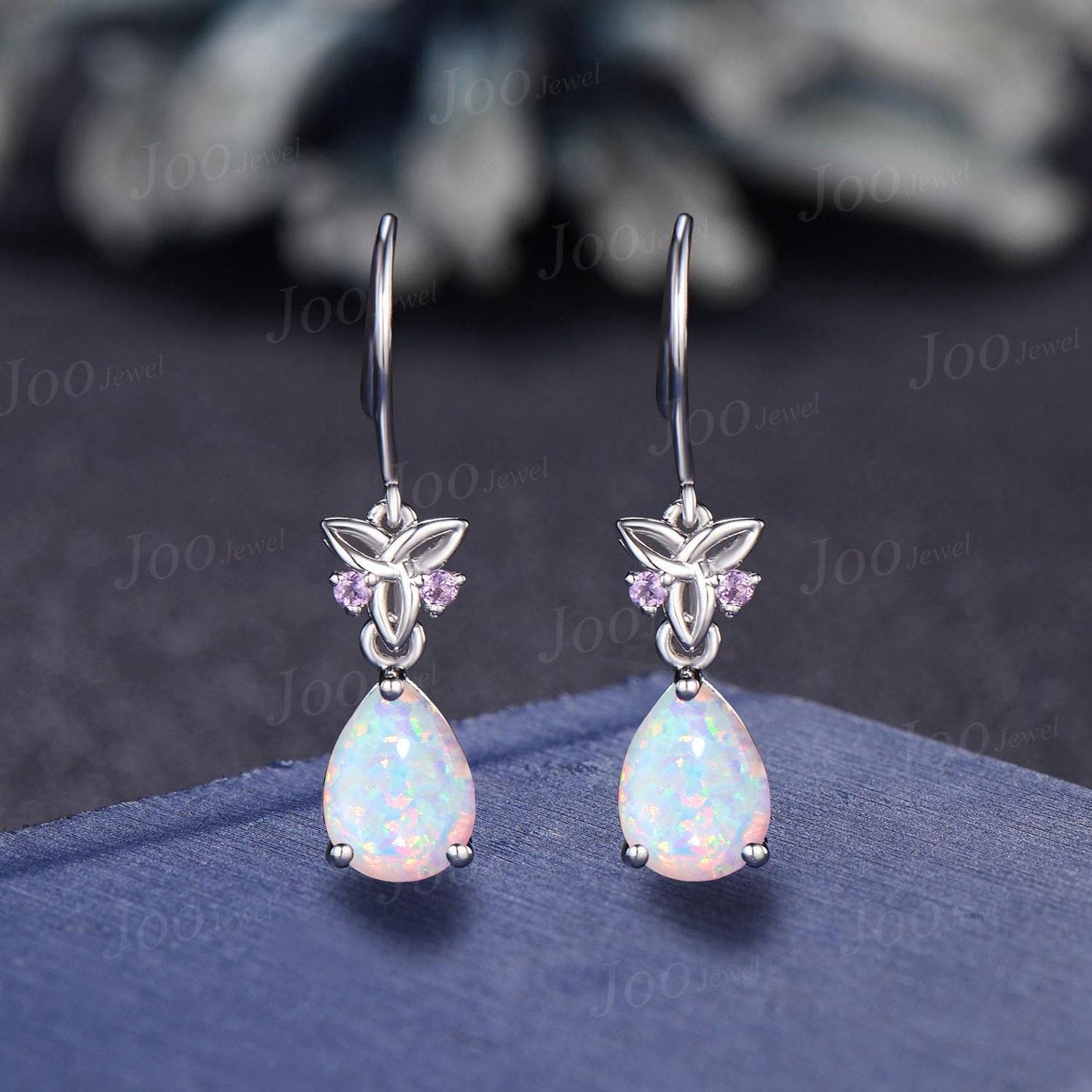 Teardrop Cut White Opal Hook Earrings Necklace Set Sterling Silver Opal Amethyst Celtic Trinity Knot Earrings Drop Pendant for Women