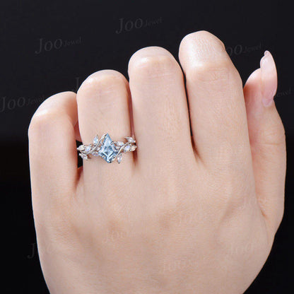 2ct Kite Cut Natural Aquamarine Branch Engagement Ring Sterling Silver Nature Inspired Aquamarine Moonstone Cluster Leaf Wedding Ring Women