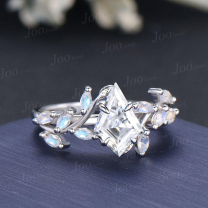 Kite Cut Lab Diamond Engagement Ring with IGI Certificate 10K White Gold Nature Inspired Cluster Moonstone Ring Unique Bridal Proposal Rings