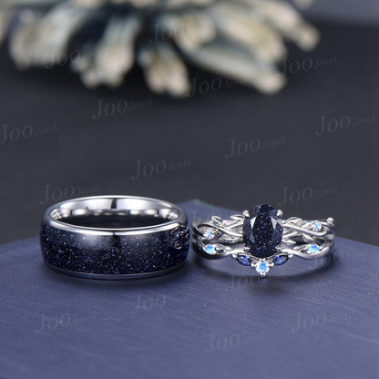 Orion Nebula Ring Set, Matching Promise Rings for Couple ,Oval Blue Sandstone Couple Rings Set, Anniversary Gift, Black Tungsten, 925 Silver