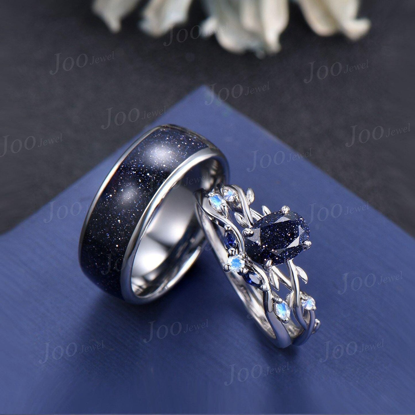 Orion Nebula Ring Set, Matching Promise Rings for Couple ,Oval Blue Sandstone Couple Rings Set, Anniversary Gift, Black Tungsten, 925 Silver