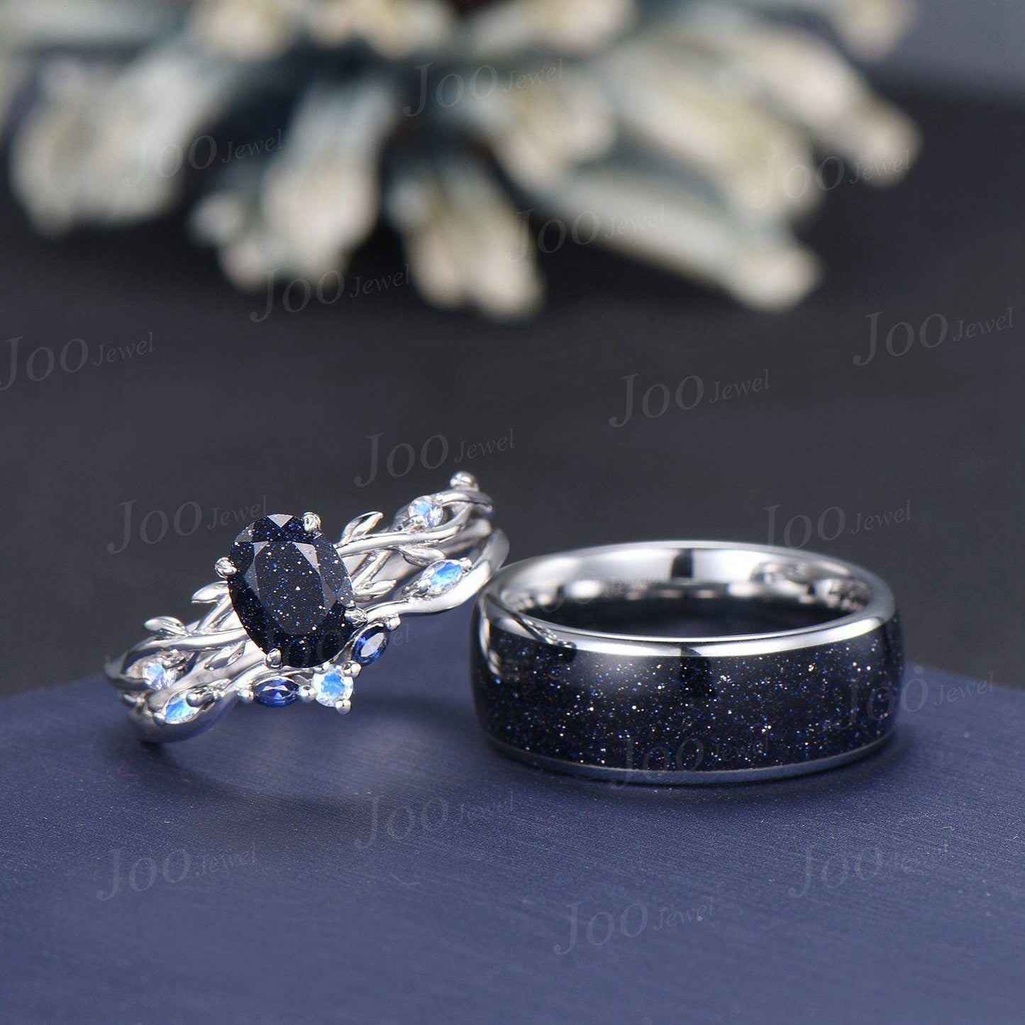 Orion Nebula Ring Set, Matching Promise Rings for Couple ,Oval Blue Sandstone Couple Rings Set, Anniversary Gift, Black Tungsten, 925 Silver