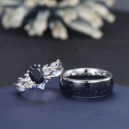 Orion Nebula Ring Set, Matching Promise Rings for Couple ,Oval Blue Sandstone Couple Rings Set, Anniversary Gift, Black Tungsten, 925 Silver