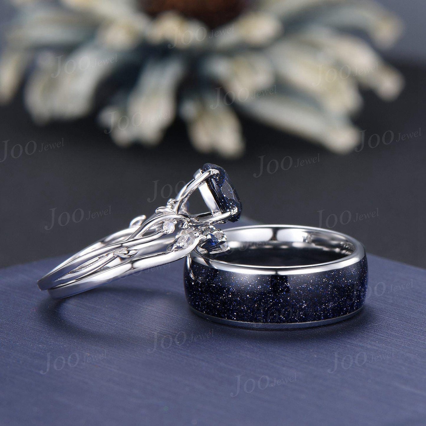 Orion Nebula Ring Set, Matching Promise Rings for Couple ,Oval Blue Sandstone Couple Rings Set, Anniversary Gift, Black Tungsten, 925 Silver