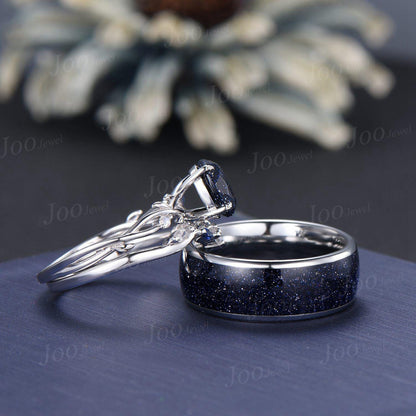 Orion Nebula Ring Set, Matching Promise Rings for Couple ,Oval Blue Sandstone Couple Rings Set, Anniversary Gift, Black Tungsten, 925 Silver