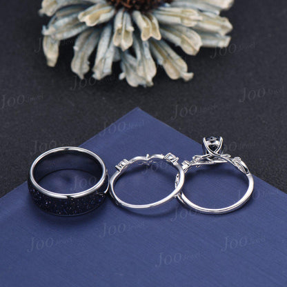 Orion Nebula Ring Set, Matching Promise Rings for Couple ,Oval Blue Sandstone Couple Rings Set, Anniversary Gift, Black Tungsten, 925 Silver