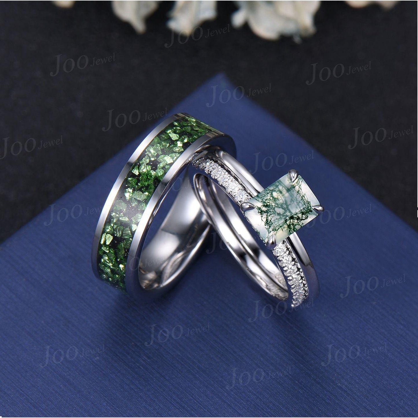 2ct Emerald Cut Moss Agate Couple Ring Set Sterling Silver Vintage Hidden Halo Moss Agate Engagement Ring Promise Anniversary Matching Rings