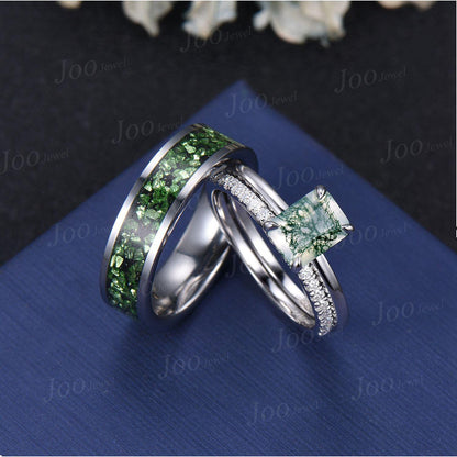 2ct Emerald Cut Moss Agate Couple Ring Set Sterling Silver Vintage Hidden Halo Moss Agate Engagement Ring Promise Anniversary Matching Rings