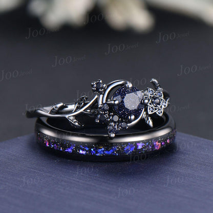 5mm Round Cut Galaxy Blue Sandstone Sapphire Black Wedding Ring Unique Moon Leaf Vine Celestial Nebula Engagement Ring Gothic Promise Ring